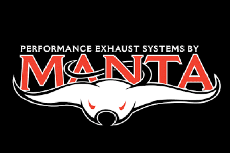 Logo for "Performance Exhaust Systems by Manta," featuring bold red and white text with a stylized manta ray illustration below, set against a black background.