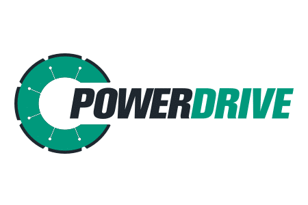 Logo with a green and black circular design on the left, resembling a gear or circuit, and the word "POWERDRIVE" in bold black and green letters to the right.